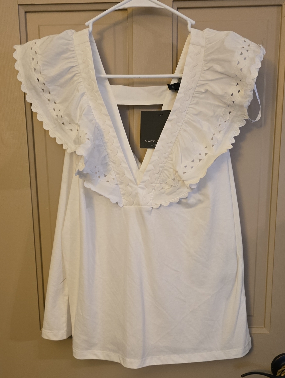 Marc Jacobs White V-Neck Ruffle Eyelet Tank
